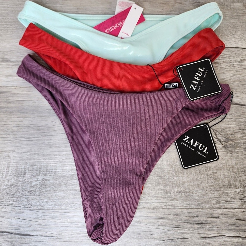 Lot/2 Zaful Brazilian Bottoms Women's Small 4 Red Purple Rib Smooth. Bonus Pair